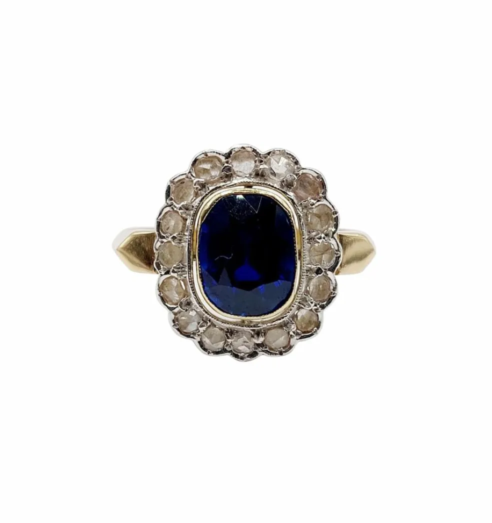 Bague pompadour Art Déco or et platine, saphir synthétique de 3,00 carats, diamants taille rose (circa 1920)
