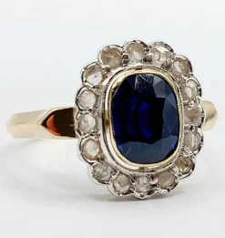 Bague pompadour Art Déco or et platine, saphir synthétique de 3,00 carats, diamants taille rose (circa 1920)
