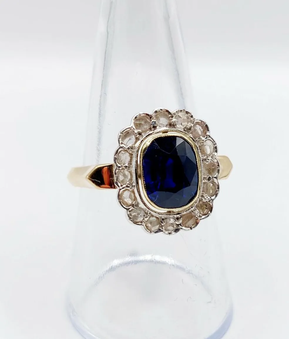 Bague pompadour Art Déco or et platine, saphir synthétique de 3,00 carats, diamants taille rose (circa 1920)