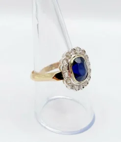 Bague pompadour Art Déco or et platine, saphir synthétique de 3,00 carats, diamants taille rose (circa 1920)