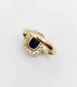 Bague pompadour Art Déco or et platine, saphir synthétique de 3,00 carats, diamants taille rose (circa 1920)