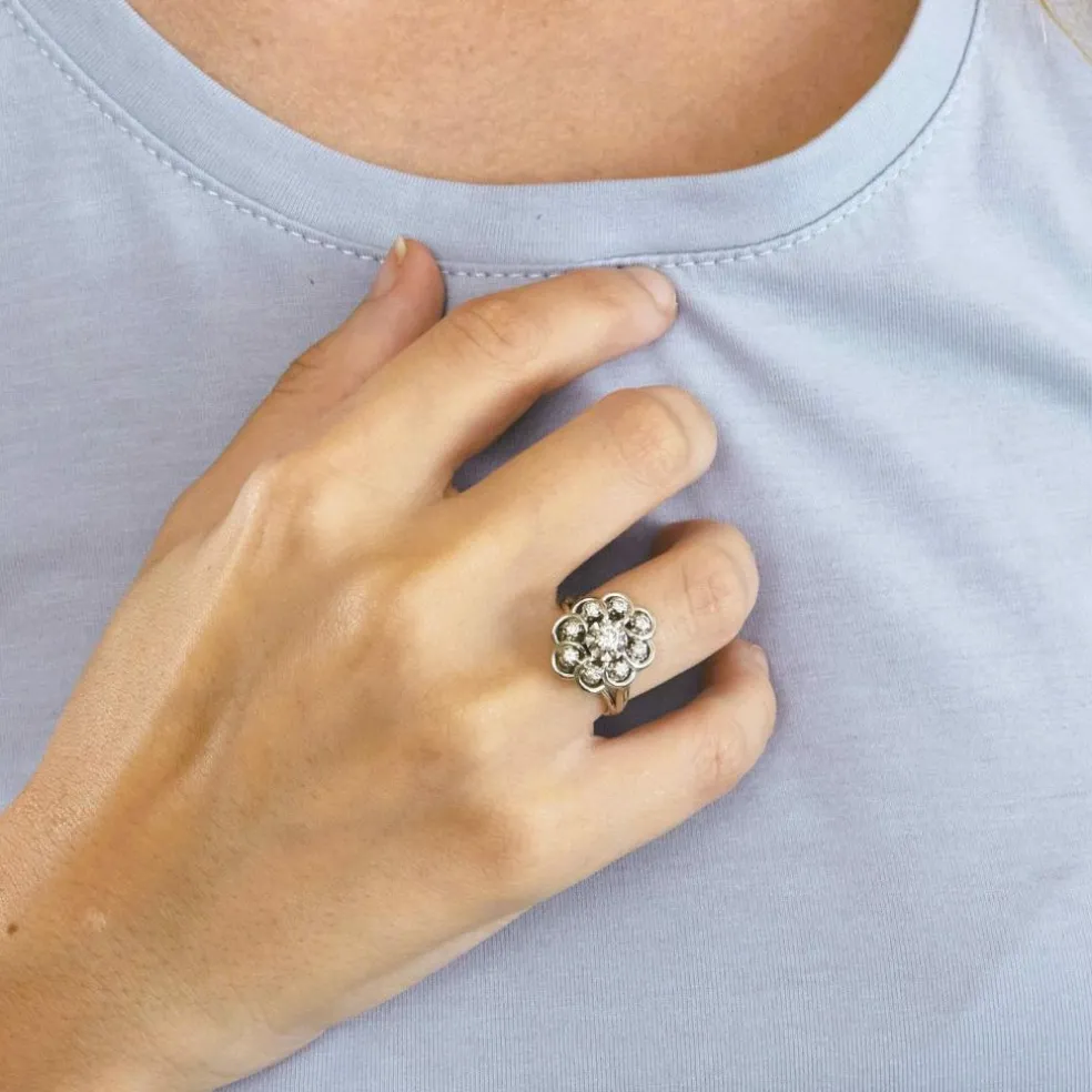 Bague pompadour diamants or blanc et platine