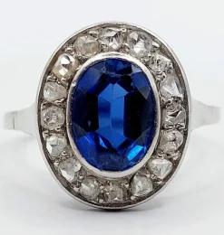 Bague pompadour or blanc et platine, saphir, diamants taille rose (circa 1910)