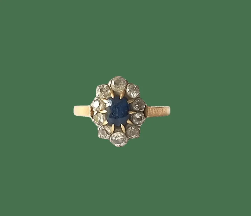 Bague pompadour or jaune saphir et diamants