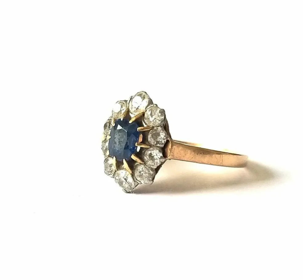 Bague pompadour or jaune saphir et diamants