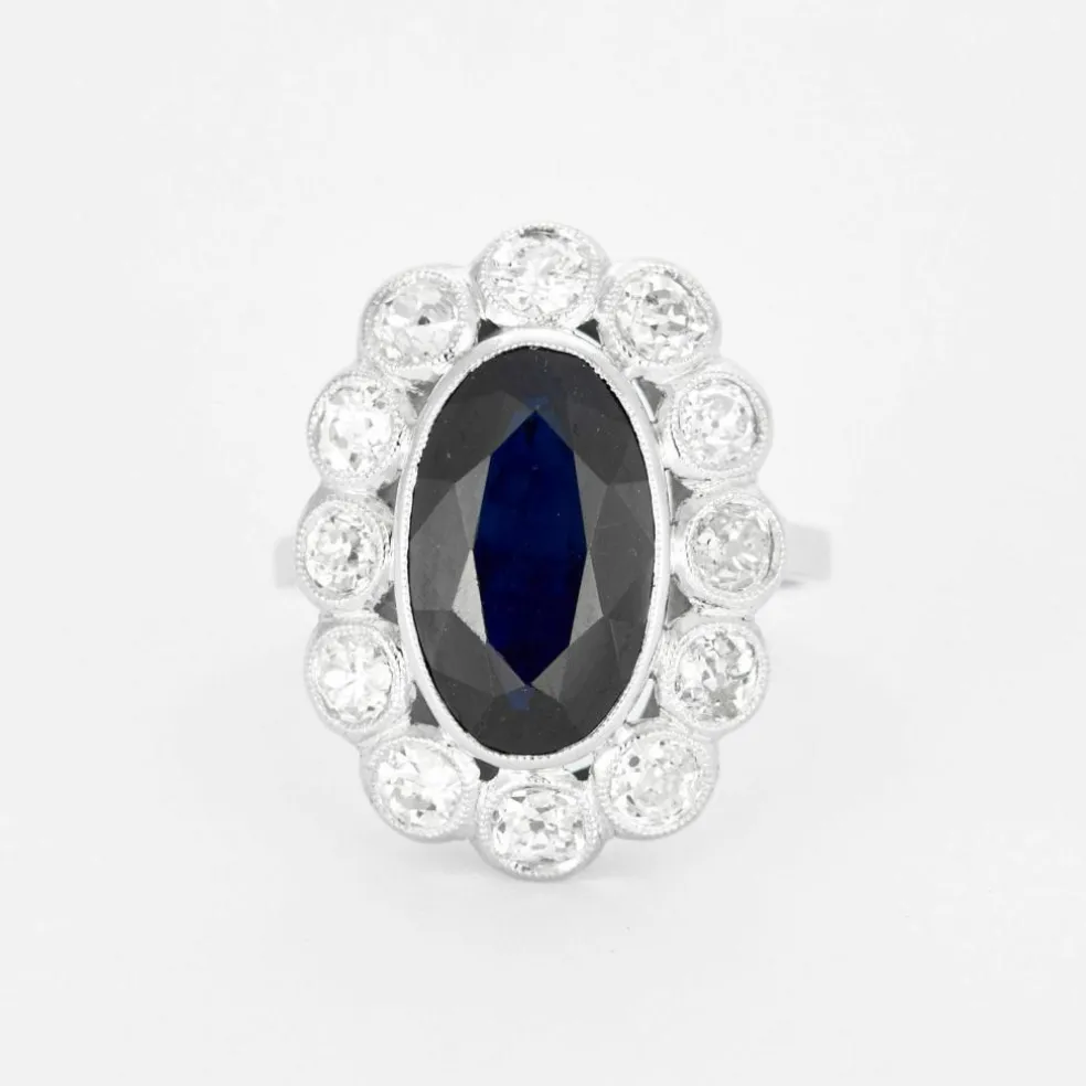Bague pompadour platine, saphir et diamants