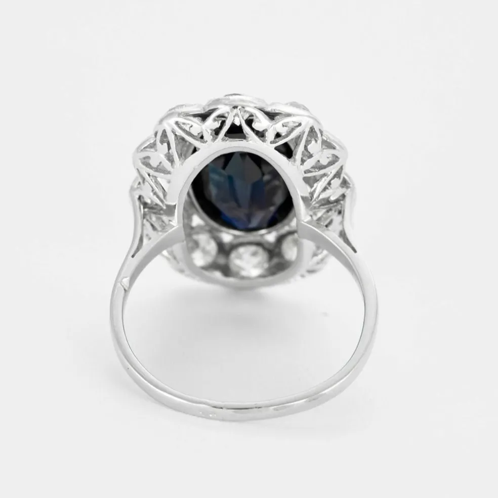 Bague pompadour platine, saphir et diamants