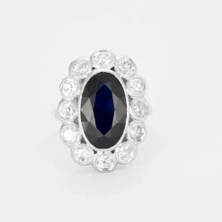 Bague pompadour platine, saphir et diamants