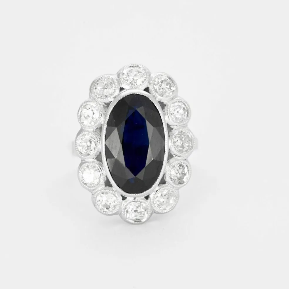 Bague pompadour platine, saphir et diamants