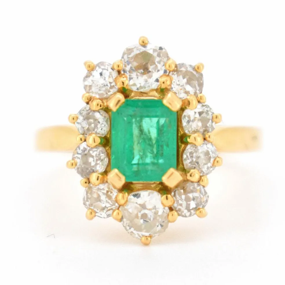 Bague Pompadour Vintage Or 18 Carats, Émeraude Naturelle et Diamants
