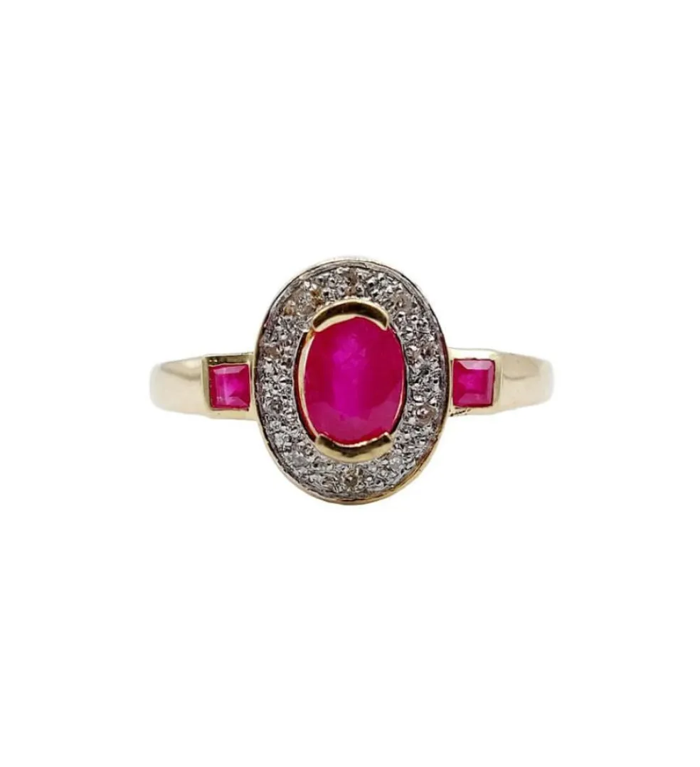 Bague pompadour vintage or jaune, rubis, diamants et de rubis carrés