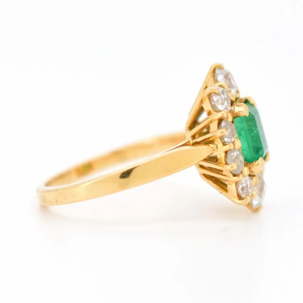 Bague Pompadour Vintage Or 18 Carats, Émeraude Naturelle et Diamants