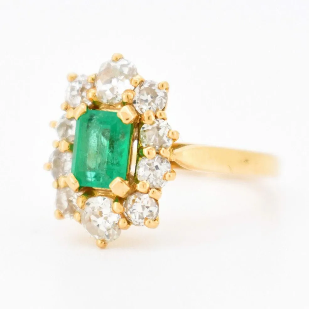 Bague Pompadour Vintage Or 18 Carats, Émeraude Naturelle et Diamants