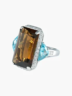Bague Quartz fumé Topazes bleues