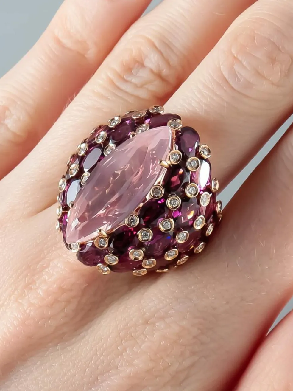 Bague Quartz rose Tourmalines Diamants