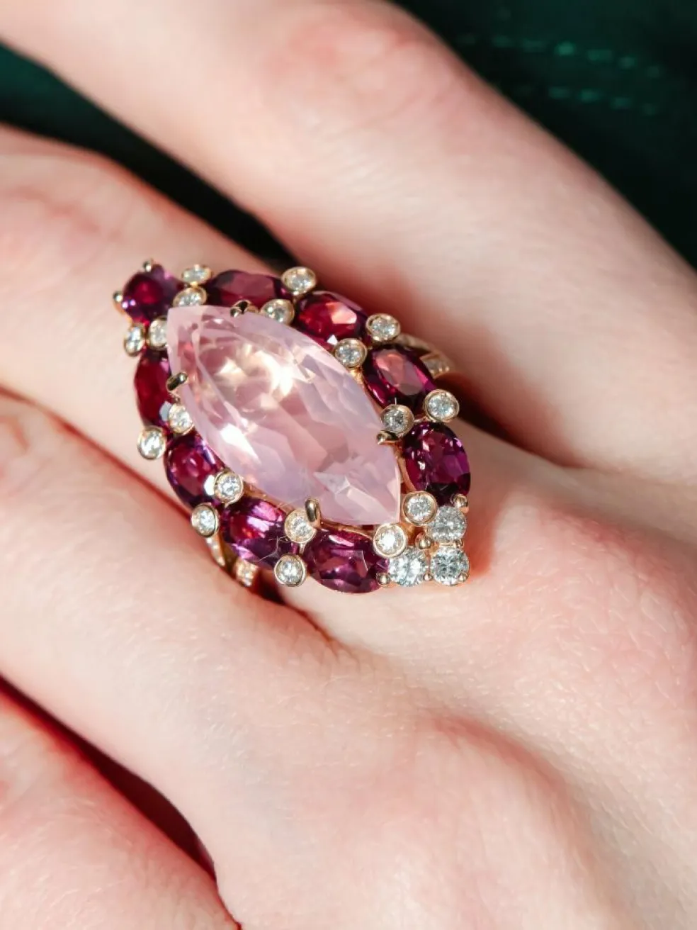 Bague Quartz rose Tourmalines Diamants