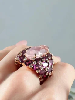 Bague Quartz rose Tourmalines Diamants