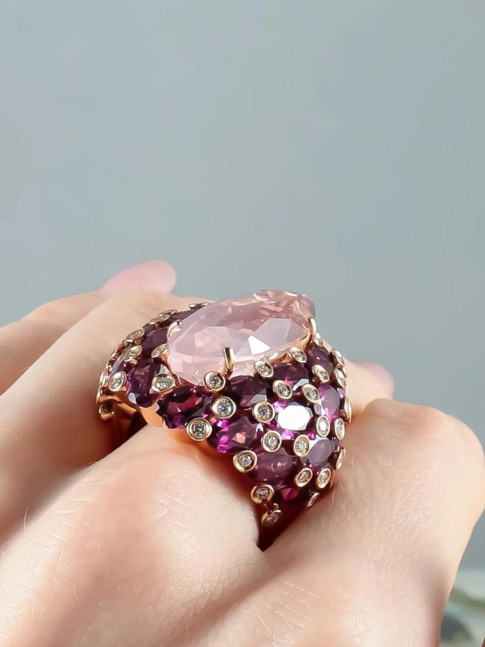 Bague Quartz rose Tourmalines Diamants
