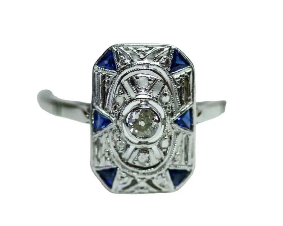 Bague Rectangle Art Déco Diamants et Saphirs