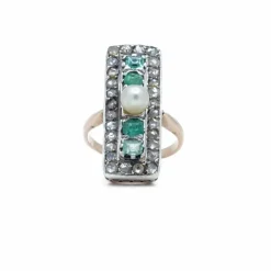 Bague rectangle Or rose Argent Perle Emeraudes Diamants