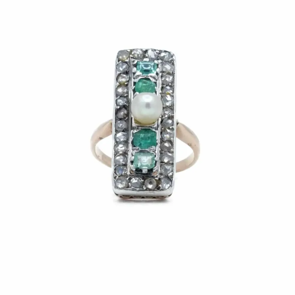 Bague rectangle Or rose Argent Perle Emeraudes Diamants