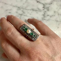 Bague rectangle Or rose Argent Perle Emeraudes Diamants