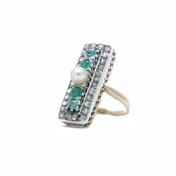 Bague rectangle Or rose Argent Perle Emeraudes Diamants