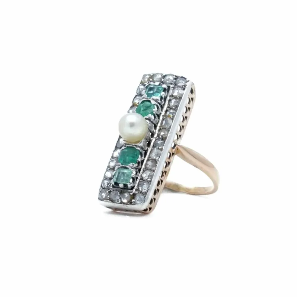 Bague rectangle Or rose Argent Perle Emeraudes Diamants