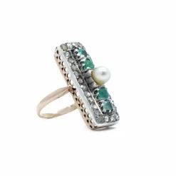 Bague rectangle Or rose Argent Perle Emeraudes Diamants