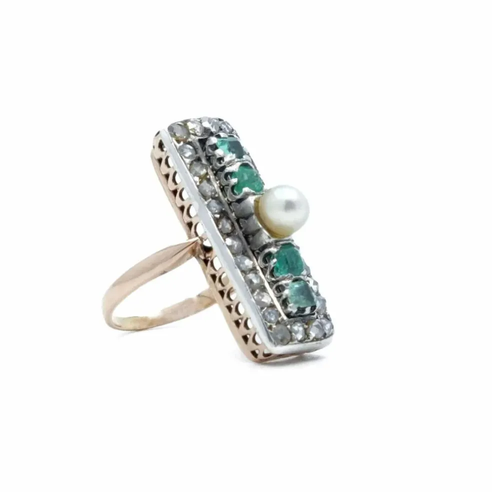 Bague rectangle Or rose Argent Perle Emeraudes Diamants