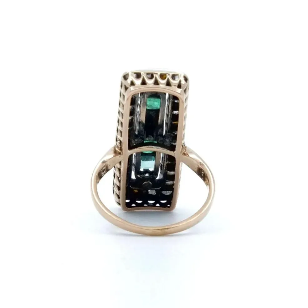 Bague rectangle Or rose Argent Perle Emeraudes Diamants