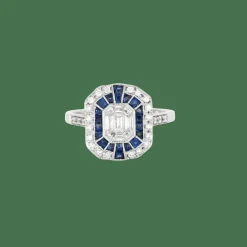 Bague rectangulaire diamants saphirs calibrés