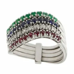 Bague Riviera avec émeraudes, saphirs, rubis et diamants