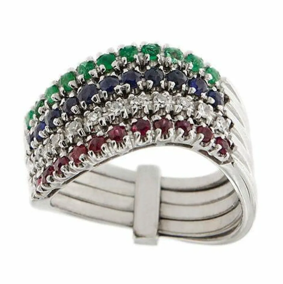 Bague Riviera avec émeraudes, saphirs, rubis et diamants