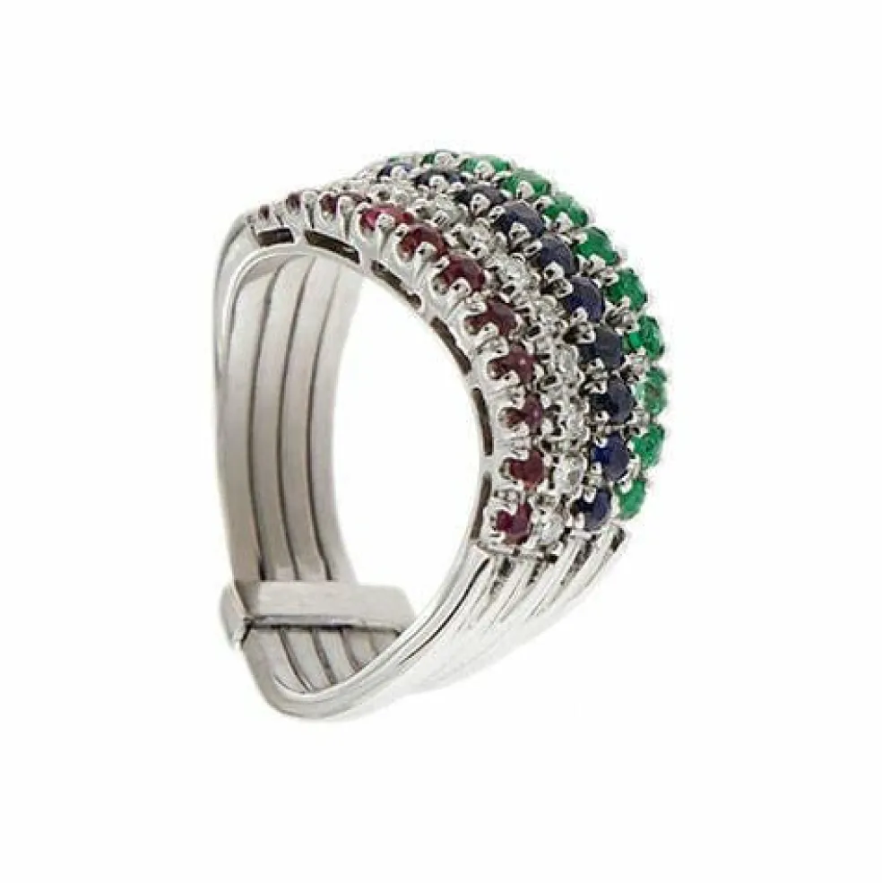 Bague Riviera avec émeraudes, saphirs, rubis et diamants