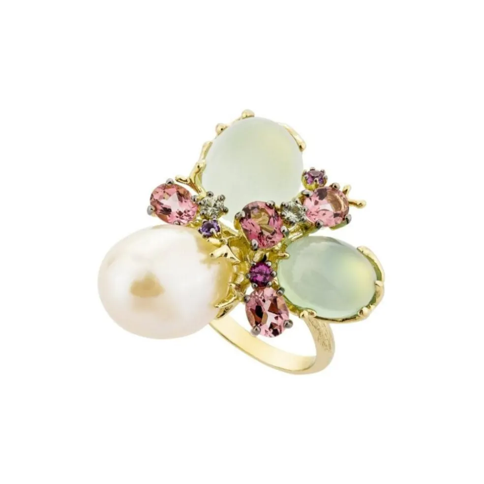 Bague Romance Divine en or jaune, perle et calcédoines