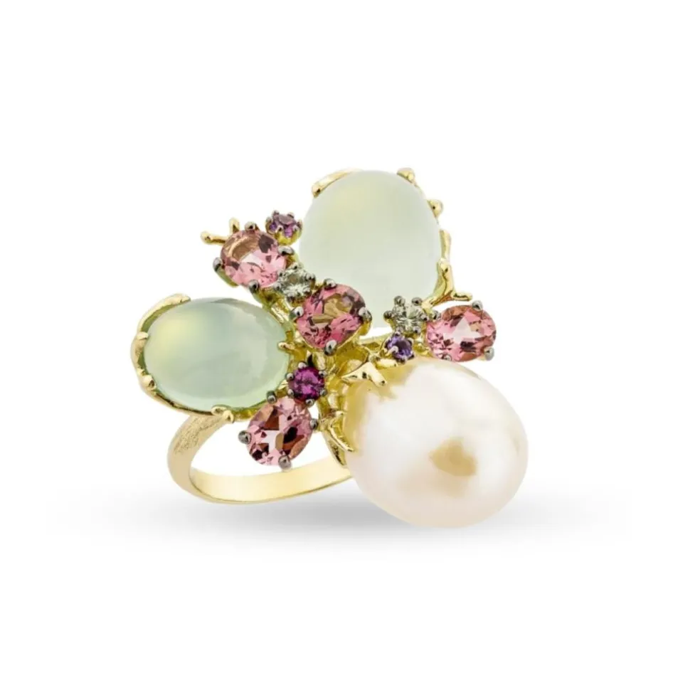 Bague Romance Divine en or jaune, perle et calcédoines
