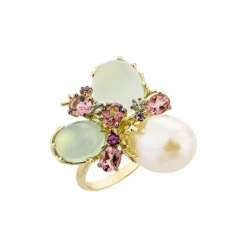Bague Romance Divine en or jaune, perle et calcédoines