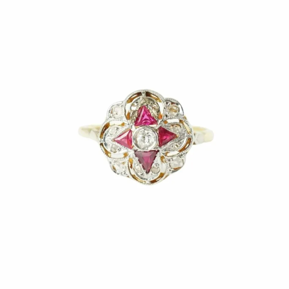 Bague rosace Art Déco 2 ors, diamants et rubis synthétiques