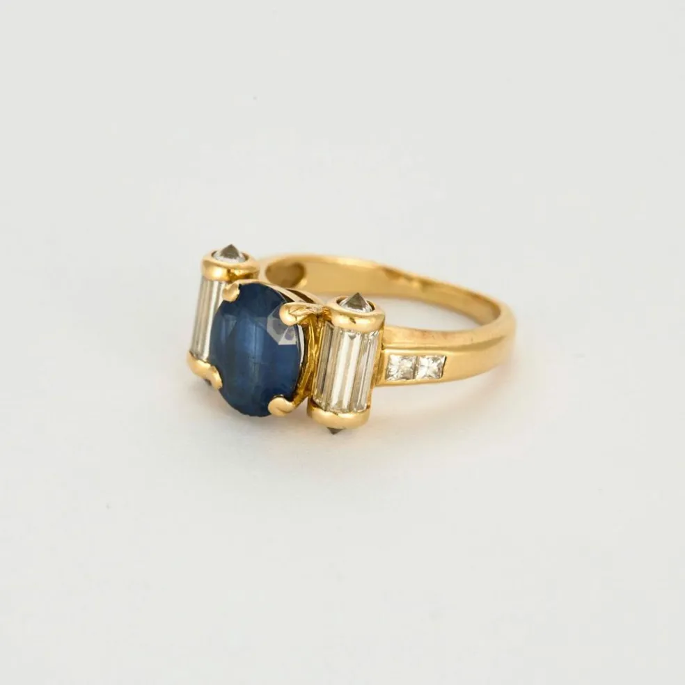 Bague Rouleaux Or Jaune Saphir Diamants Baguette
