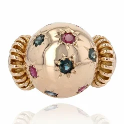 Bague rétro boule saphirs rubis et or