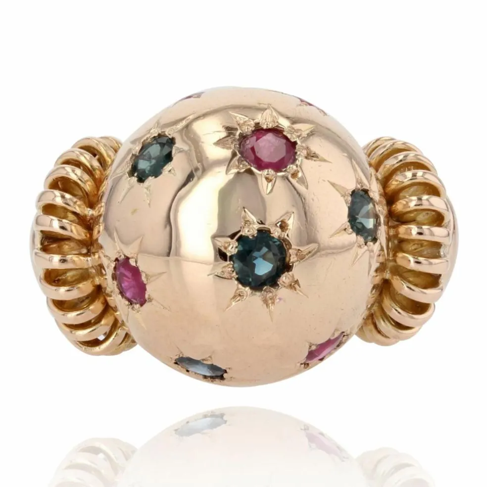 Bague rétro boule saphirs rubis et or