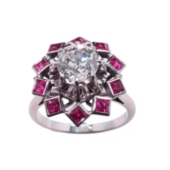 Bague Rétro Diamant Rubis Synthétiques Calibrés