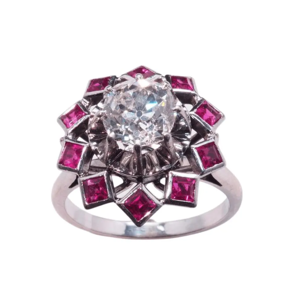 Bague Rétro Diamant Rubis Synthétiques Calibrés