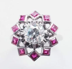 Bague Rétro Diamant Rubis Synthétiques Calibrés