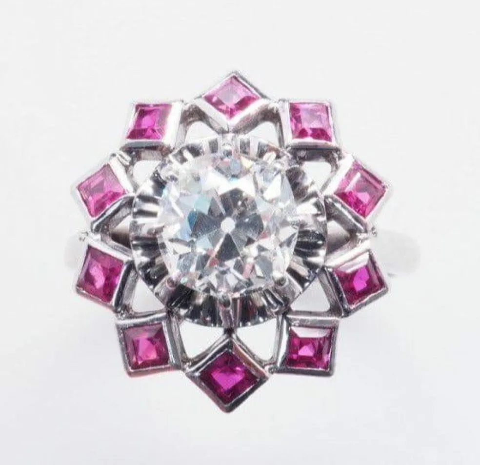 Bague Rétro Diamant Rubis Synthétiques Calibrés