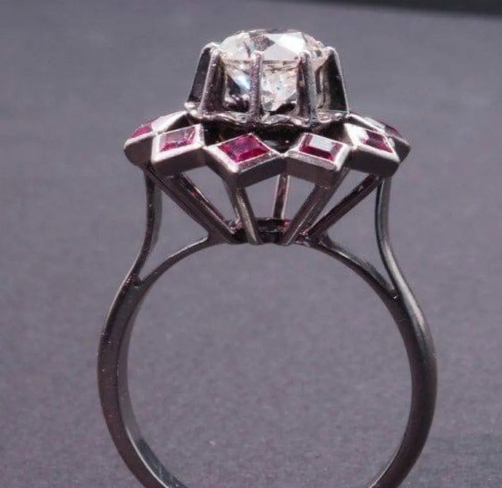Bague Rétro Diamant Rubis Synthétiques Calibrés