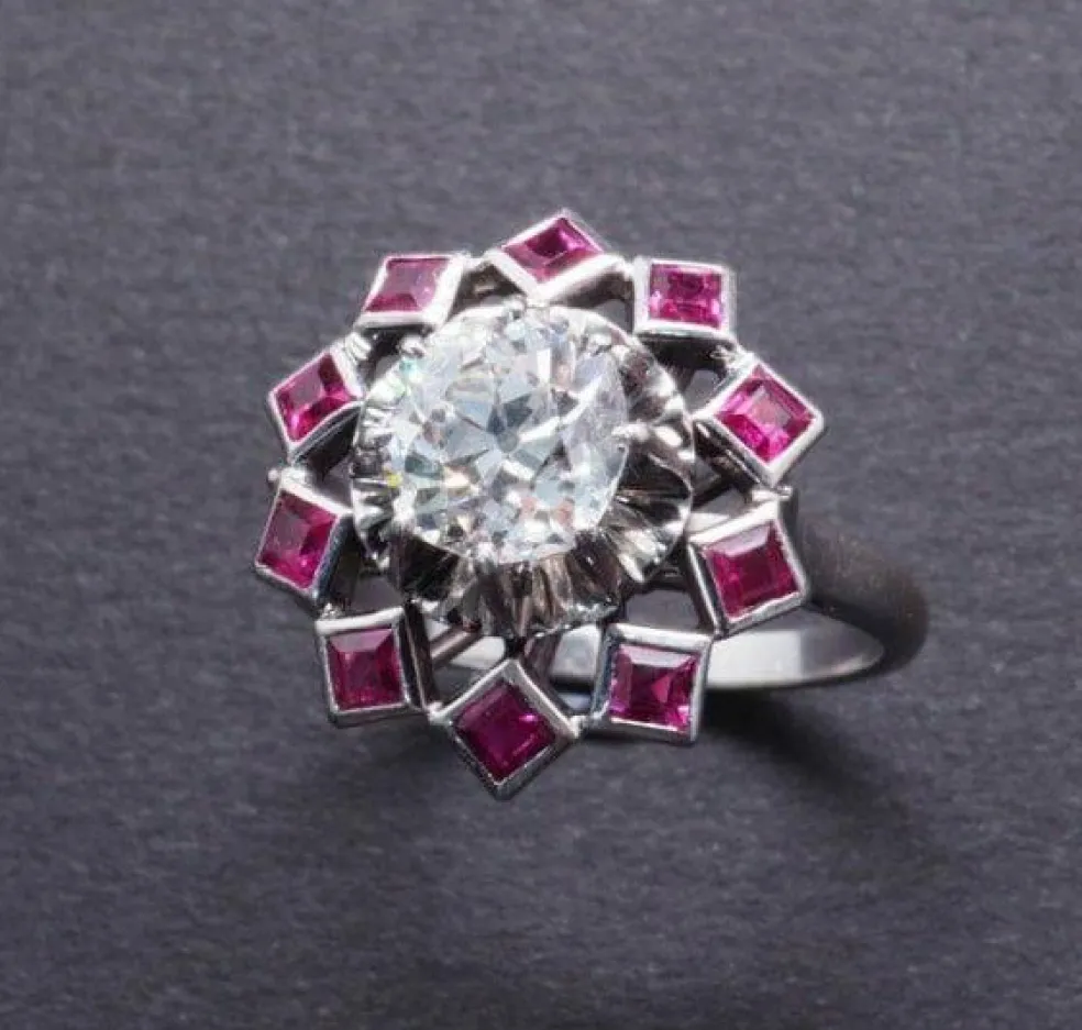 Bague Rétro Diamant Rubis Synthétiques Calibrés