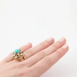 Bague Rétro Dôme Or Jaune Turquoise Diamants