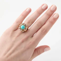 Bague Rétro Dôme Or Jaune Turquoise Diamants
